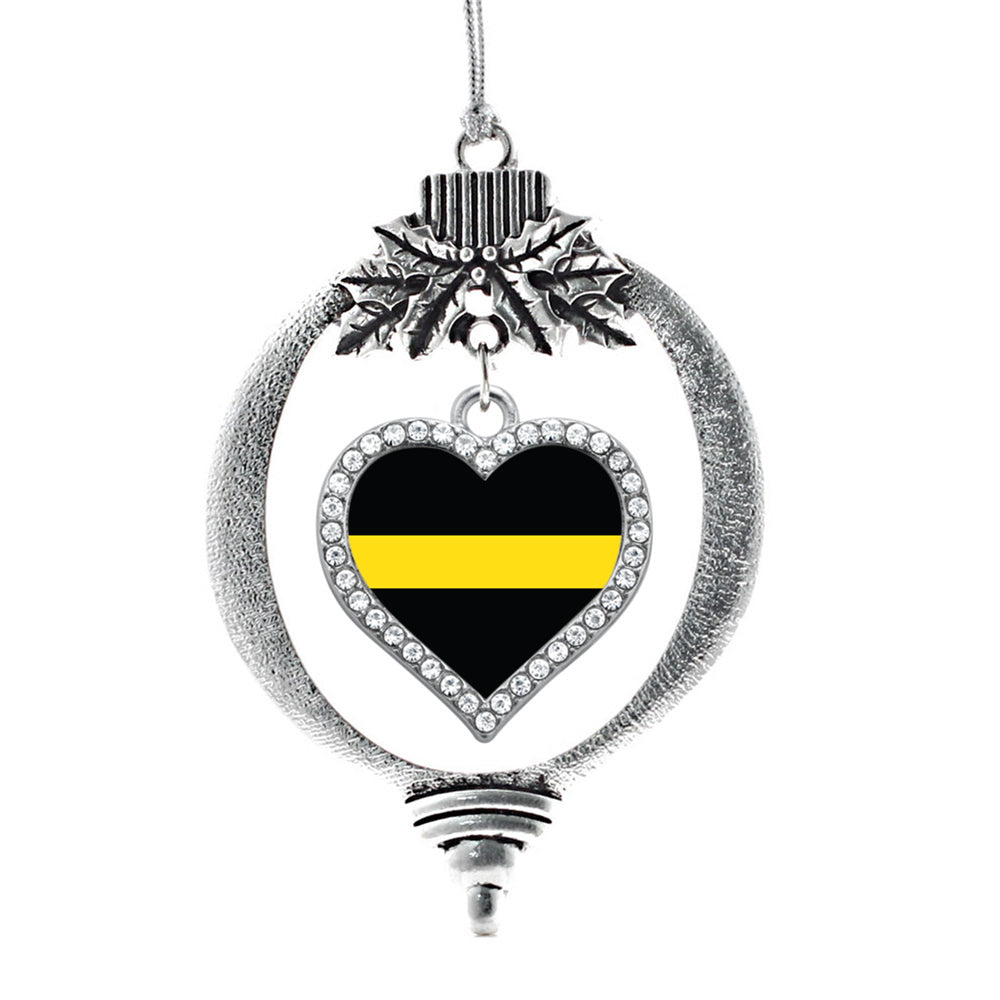 Silver Thin Yellow Line - Dispatcher Support Open Heart Charm Holiday Ornament