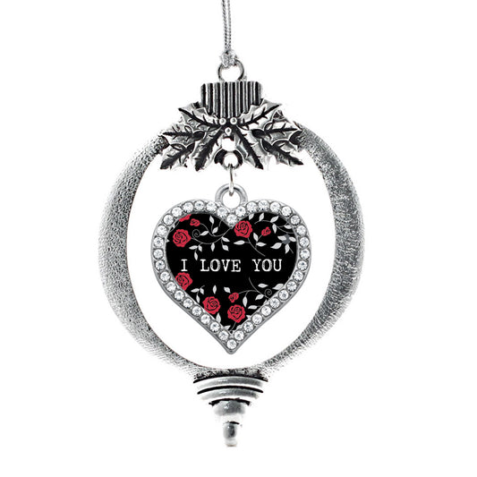 Silver Rose Pattern - I LOVE YOU Open Heart Charm Holiday Ornament