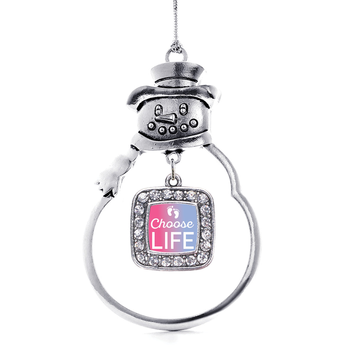 Silver Choose Life Square Charm Snowman Ornament