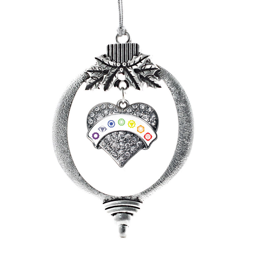 Silver Chakra Symbols - White Banner Pave Heart Charm Holiday Ornament