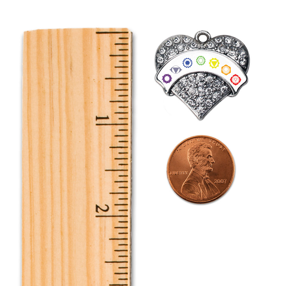 Silver Chakra Symbols - White Banner Pave Heart Charm Holiday Ornament