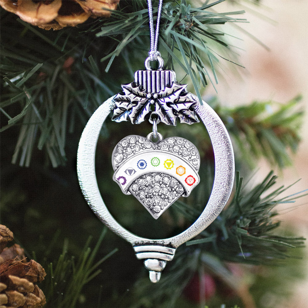 Silver Chakra Symbols - White Banner Pave Heart Charm Holiday Ornament
