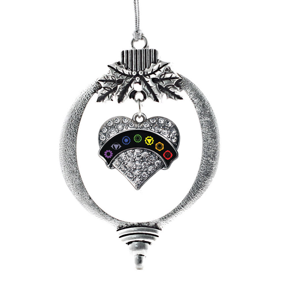 Silver Chakra Symbols - Black Banner Pave Heart Charm Holiday Ornament