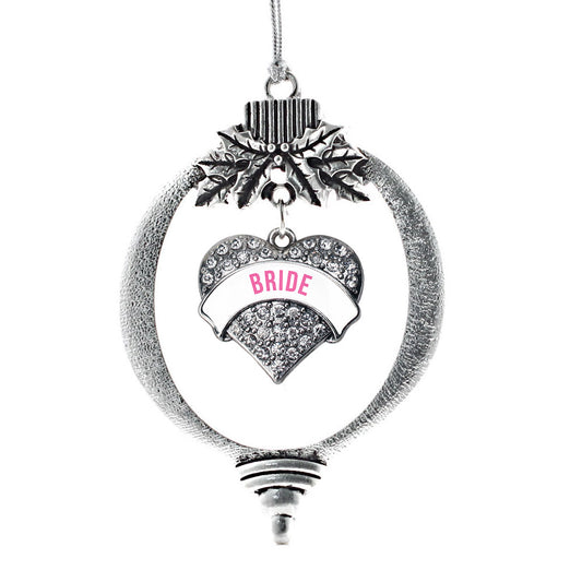 Silver White Banner Bride Pave Heart Charm Holiday Ornament