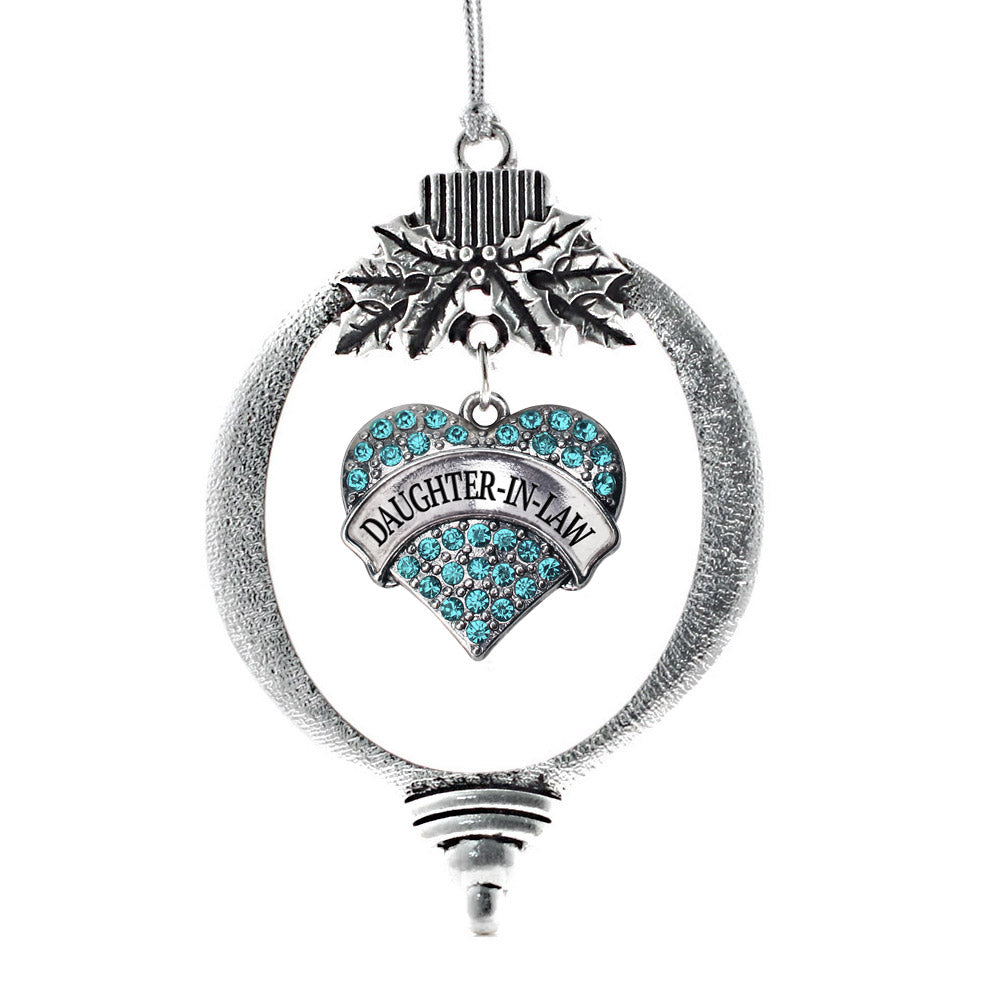 Silver Daughter-In-Law Aqua Pave Heart Charm Holiday Ornament