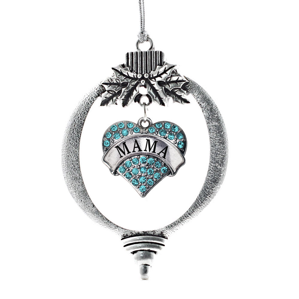 Silver Mama Aqua Pave Heart Charm Holiday Ornament