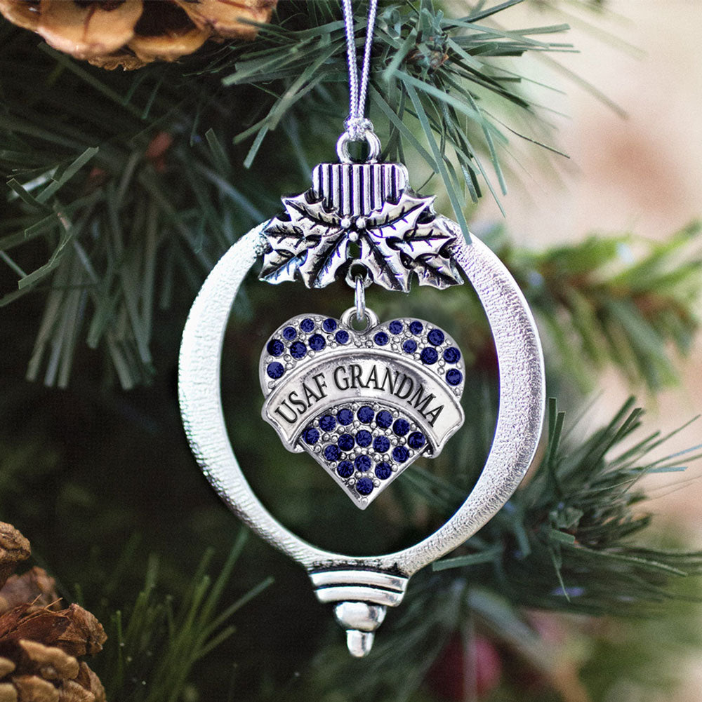 Silver USAF Grandma Blue Pave Heart Charm Holiday Ornament