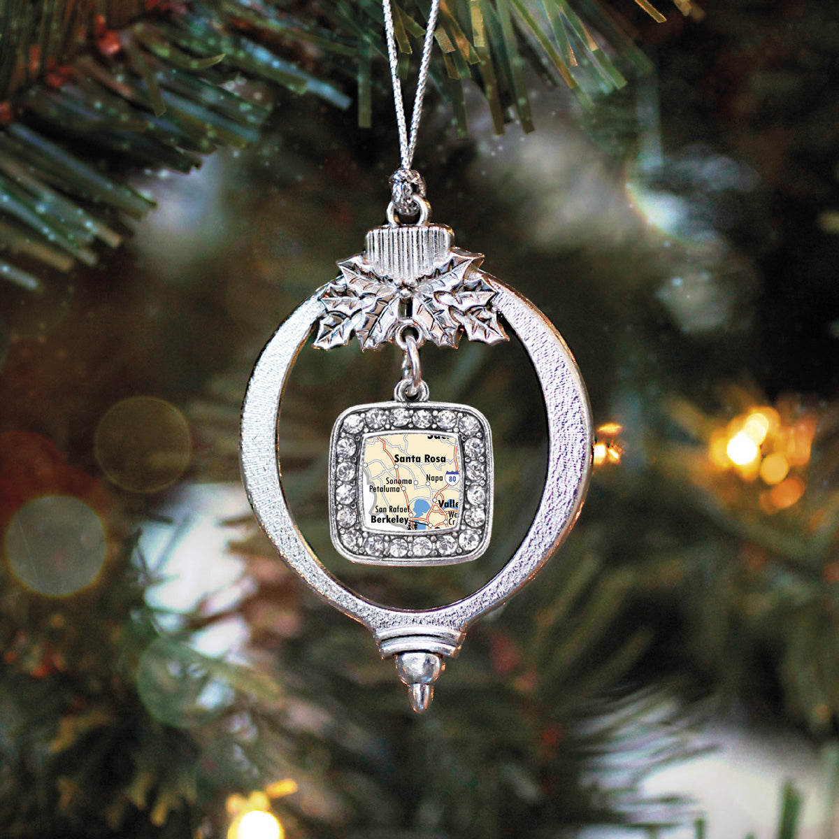 Silver Sonoma Map Square Charm Holiday Ornament