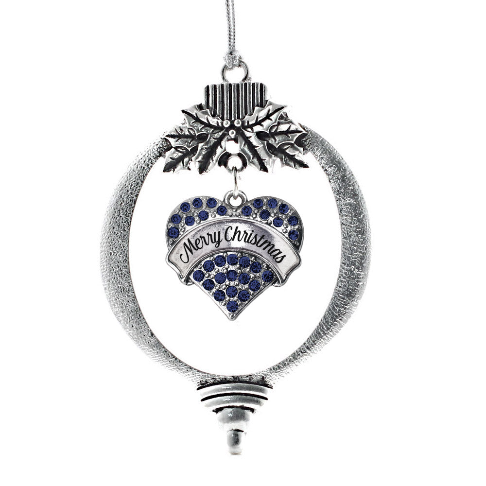 Silver Merry Christmas Navy Blue Blue Pave Heart Charm Holiday Ornament