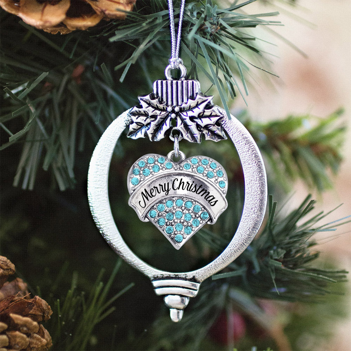 Silver Merry Christmas Aqua Aqua Pave Heart Charm Holiday Ornament