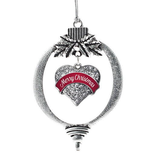 Silver Red Merry Christmas Pave Heart Charm Holiday Ornament