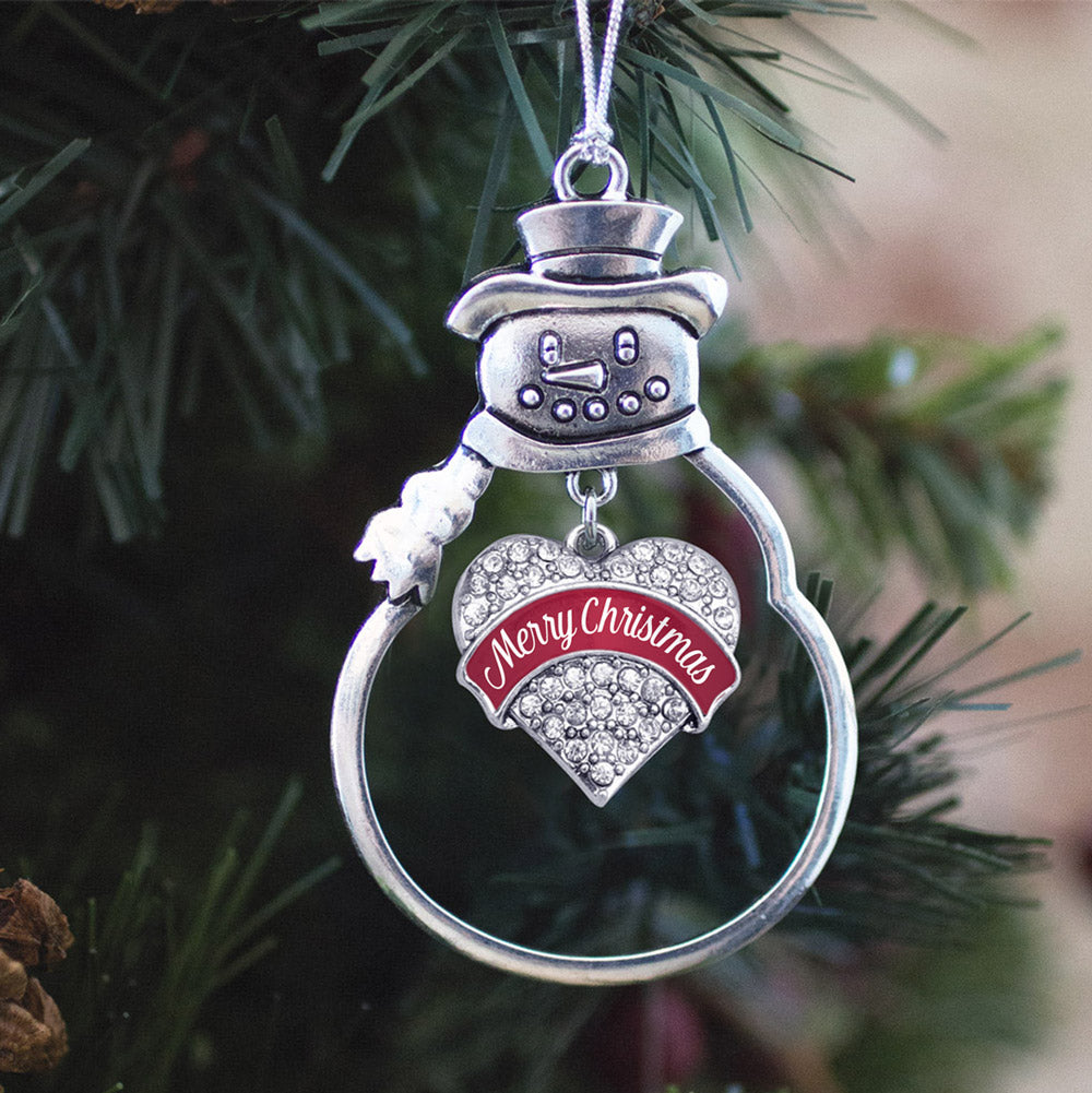 Silver Red Merry Christmas Pave Heart Charm Snowman Ornament