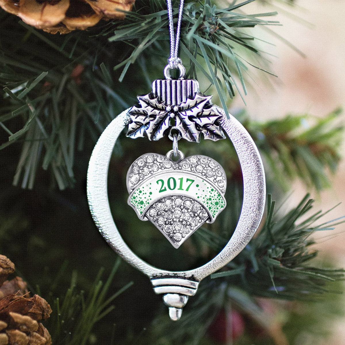 Silver Green and White Christmas 2017 Pave Heart Charm Holiday Ornament