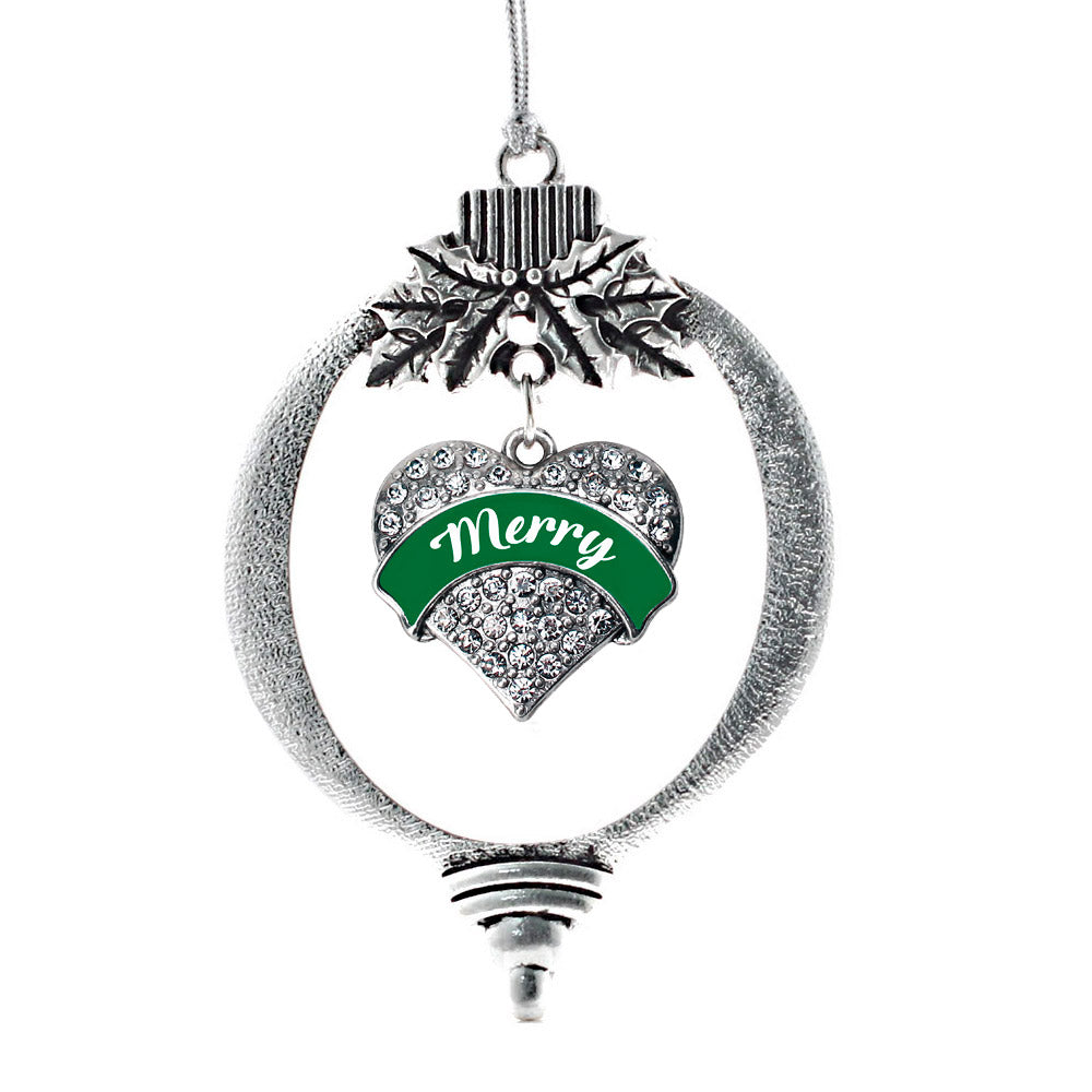 Silver Green Merry Pave Heart Charm Holiday Ornament
