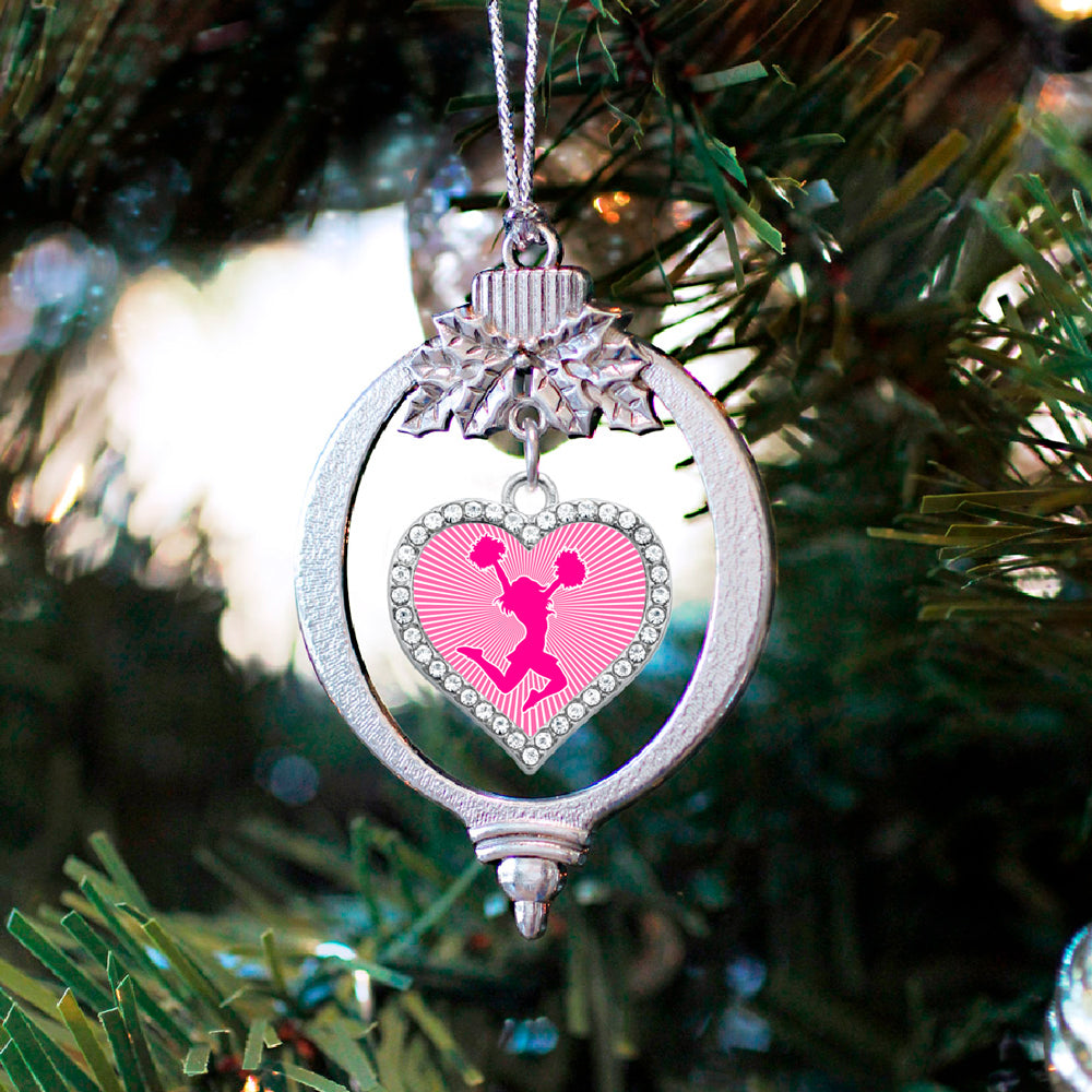 Silver Cheerleader - Pink Open Heart Charm Holiday Ornament