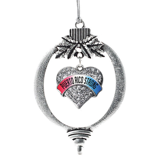 Silver Puerto Rico Strong Pave Heart Charm Holiday Ornament