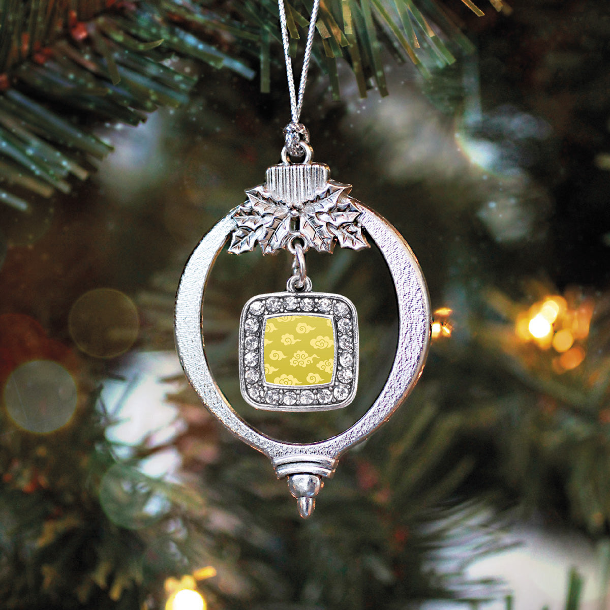 Silver Yellow Chinese New Year Cloud Pattern Square Charm Holiday Ornament