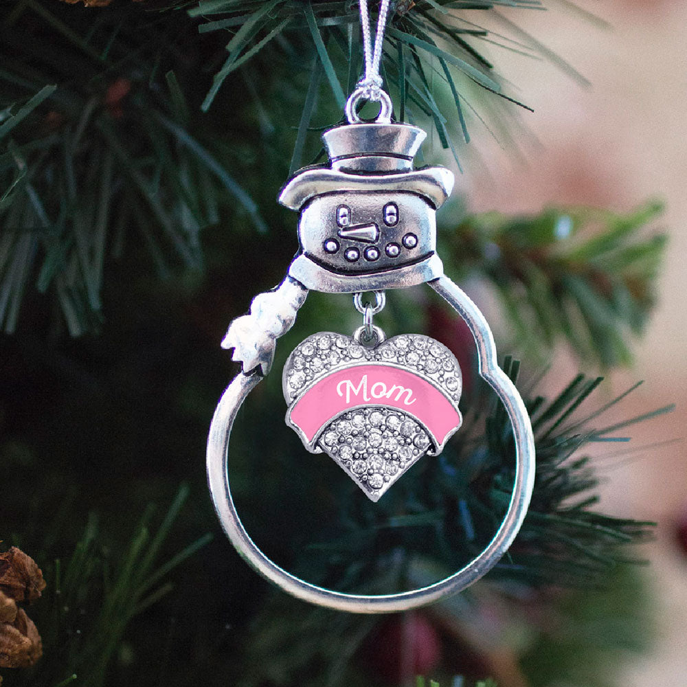 Silver Pink Mom Pave Heart Charm Snowman Ornament