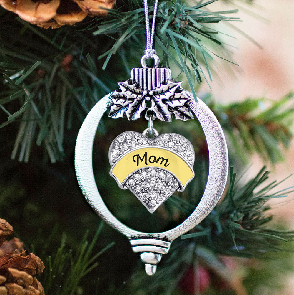 Silver Yellow Mom Pave Heart Charm Holiday Ornament
