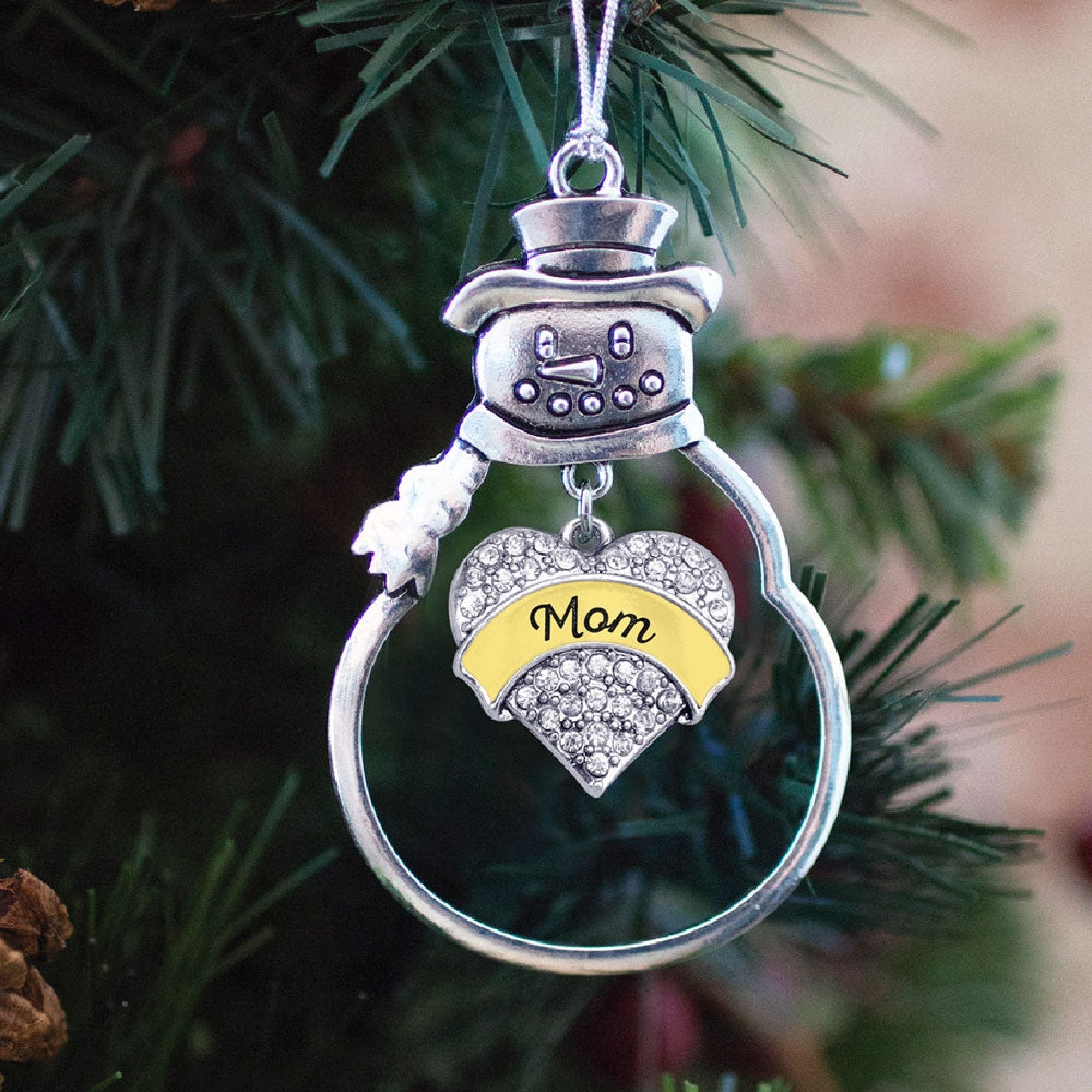 Silver Yellow Mom Pave Heart Charm Snowman Ornament