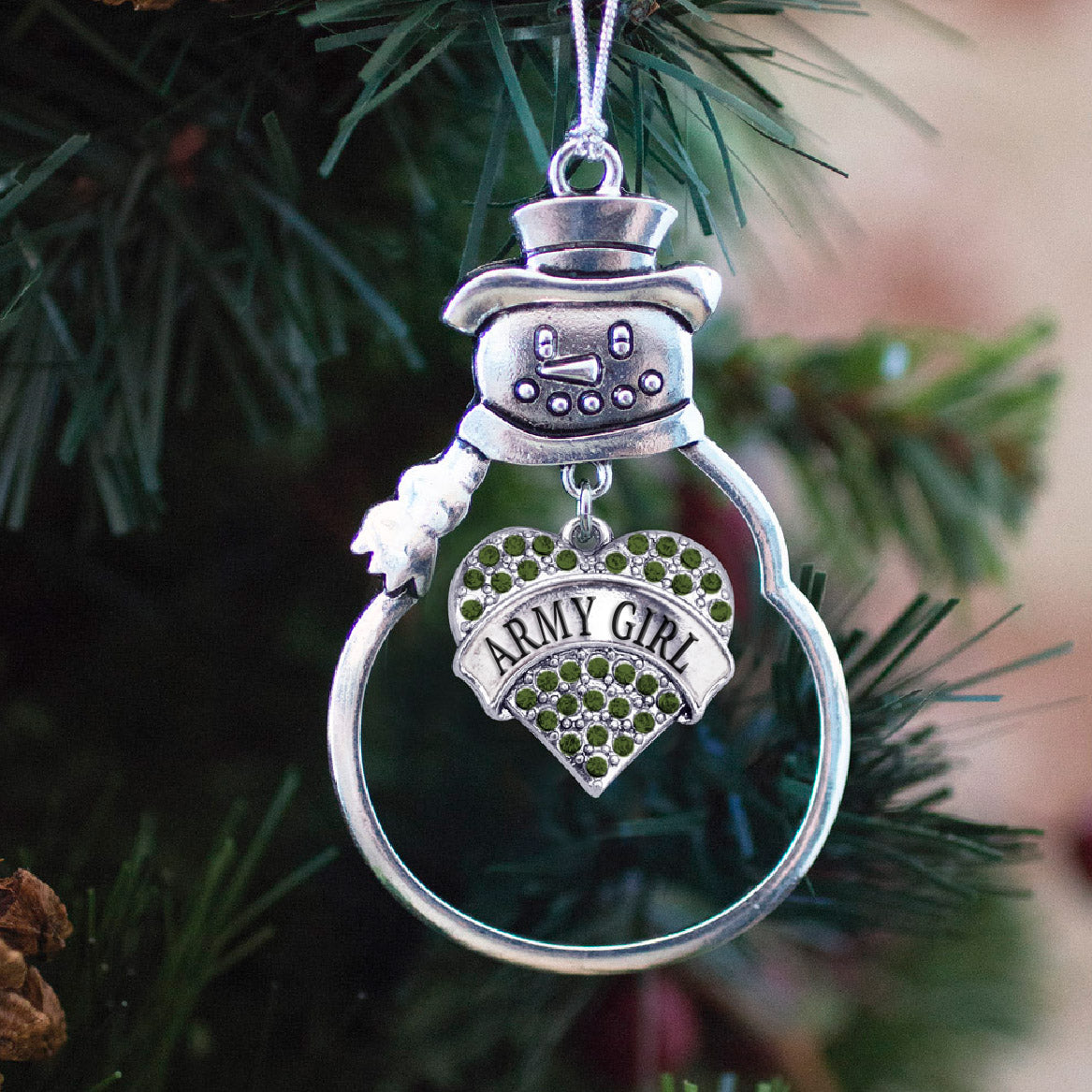 Silver Army Girl Green Pave Heart Charm Snowman Ornament