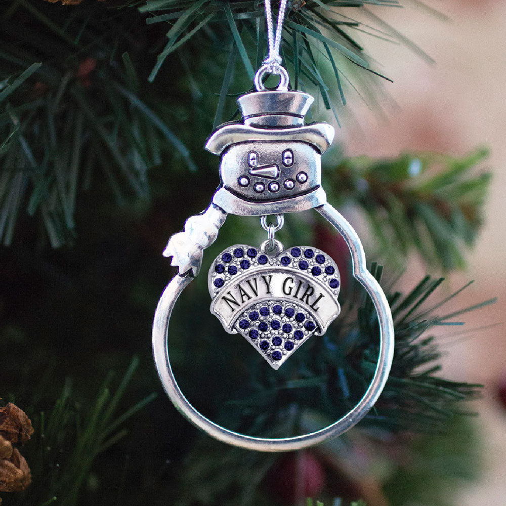 Silver Navy Girl Blue Pave Heart Charm Snowman Ornament