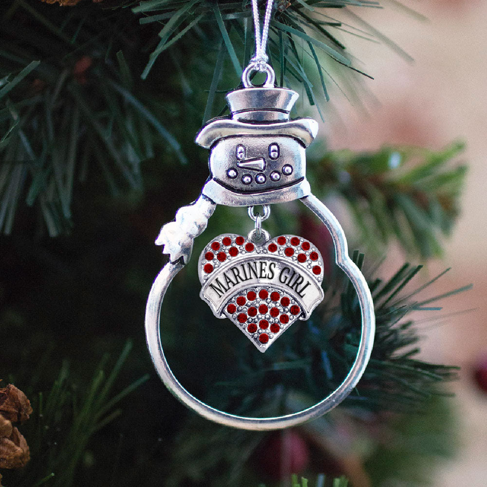 Silver Marines Girl Red Pave Heart Charm Snowman Ornament