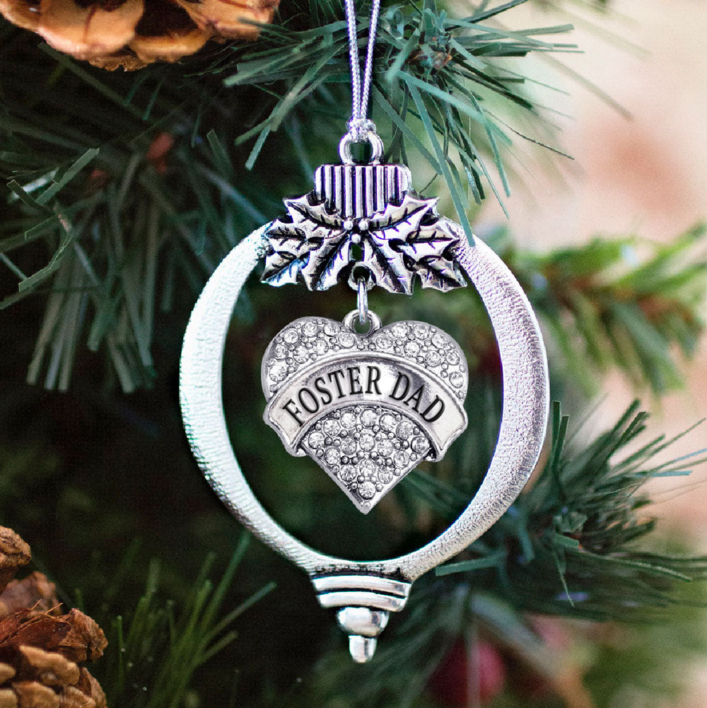Silver Foster Dad Pave Heart Charm Holiday Ornament