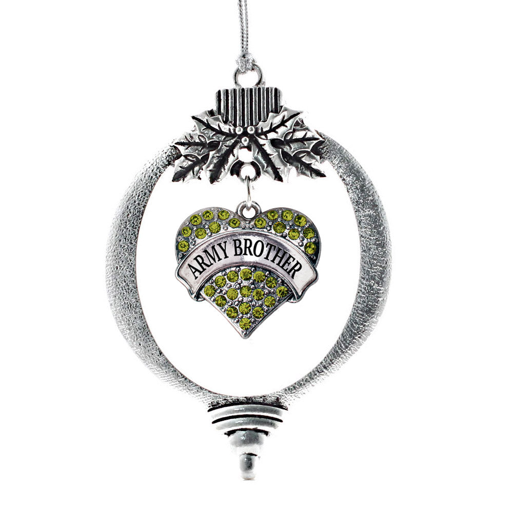 Silver Army Brother Green Pave Heart Charm Holiday Ornament