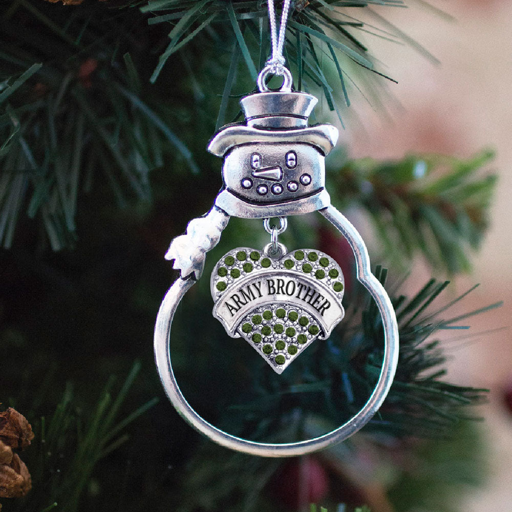Silver Army Brother Green Pave Heart Charm Snowman Ornament