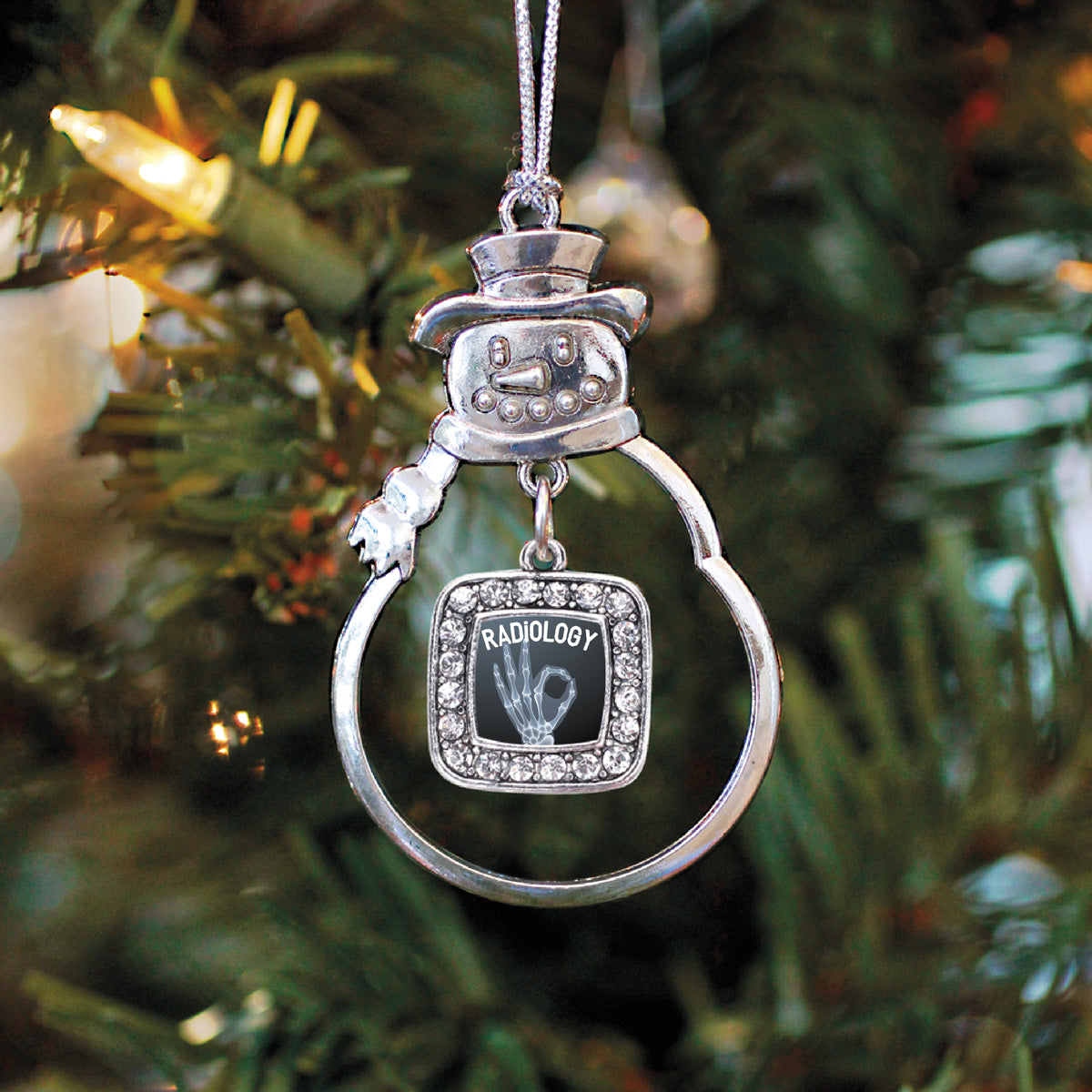 Silver Radiology Square Charm Snowman Ornament