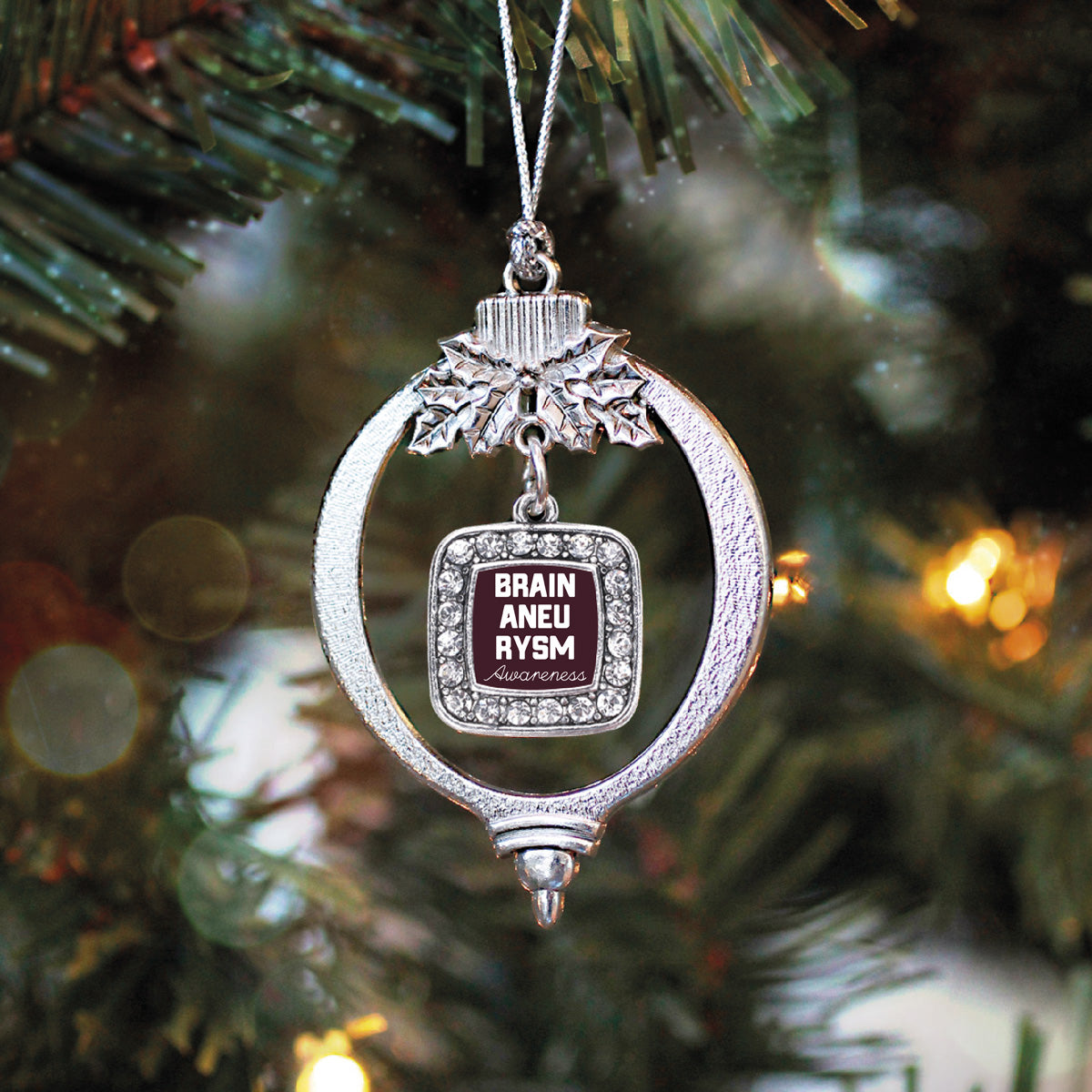 Silver Brain Aneurysm Awareness Square Charm Holiday Ornament