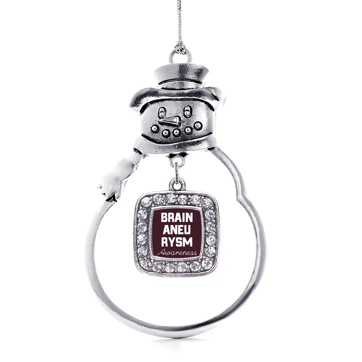Silver Brain Aneurysm Awareness Square Charm Snowman Ornament