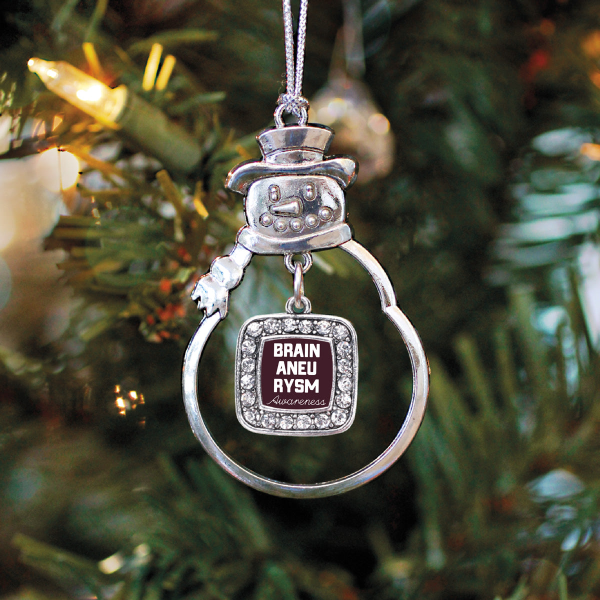Silver Brain Aneurysm Awareness Square Charm Snowman Ornament