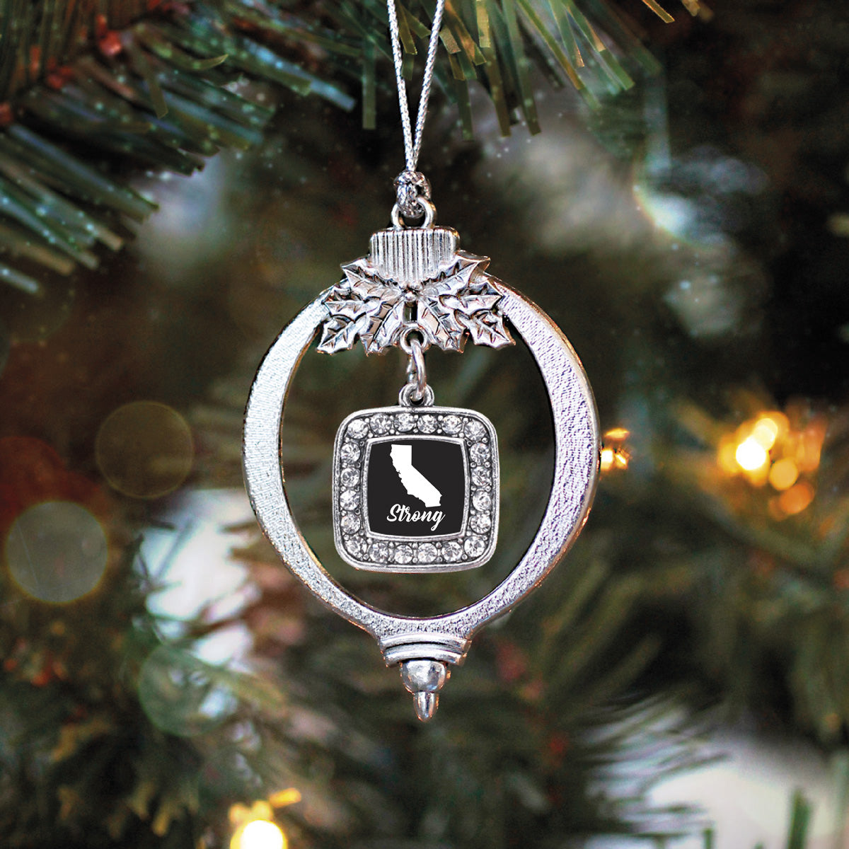 Silver California Strong Square Charm Holiday Ornament