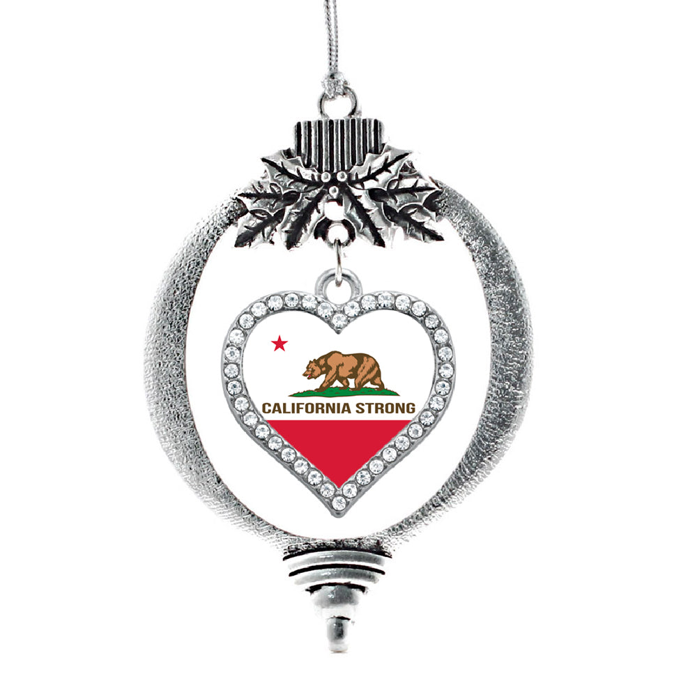 Silver California Strong Flag Open Heart Charm Holiday Ornament
