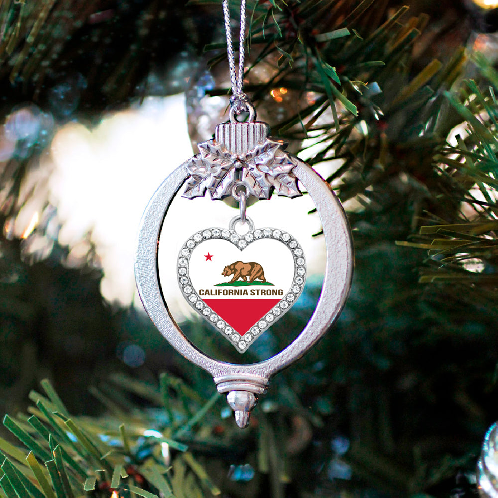 Silver California Strong Flag Open Heart Charm Holiday Ornament