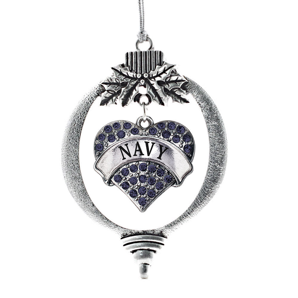 Silver Navy Blue Pave Heart Charm Holiday Ornament