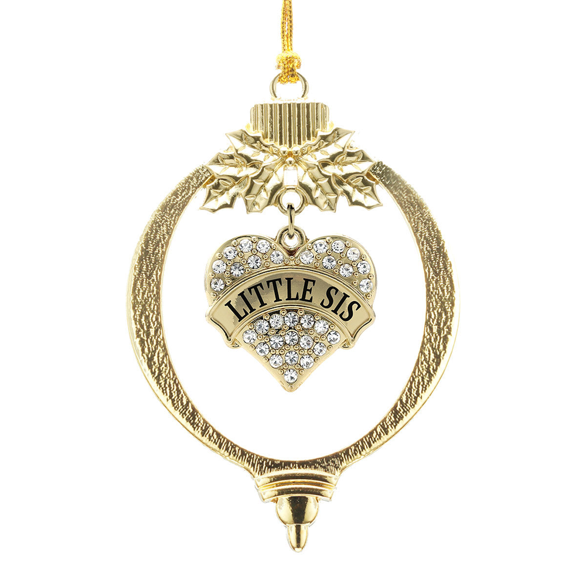 Gold Little Sis Pave Heart Charm Holiday Ornament