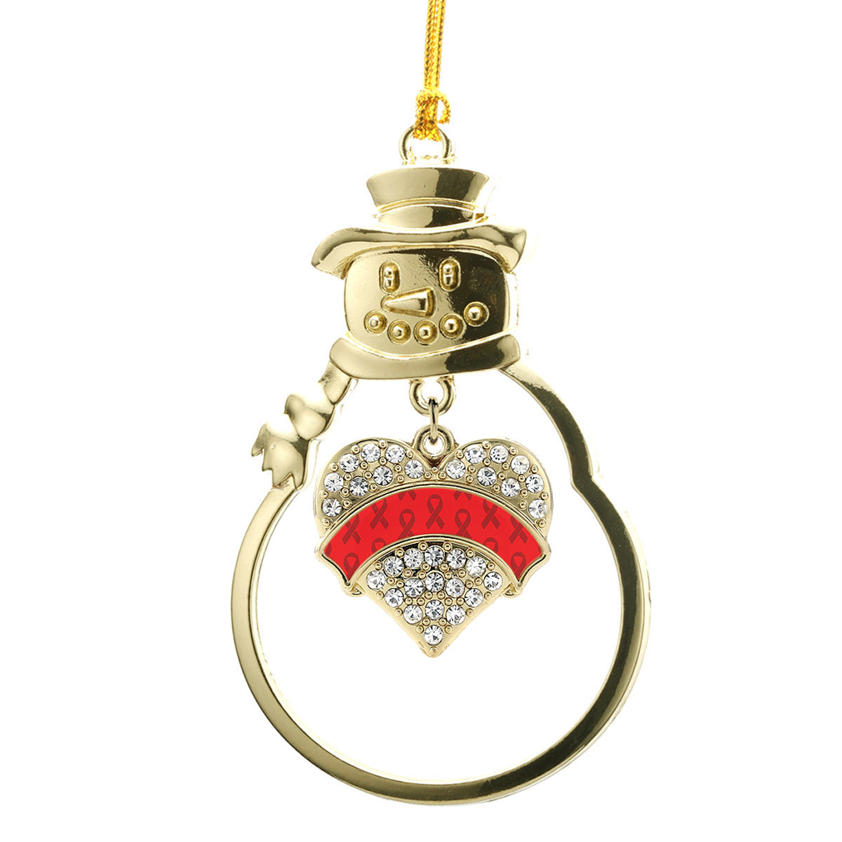 Gold Red Ribbon Support Pave Heart Charm Snowman Ornament