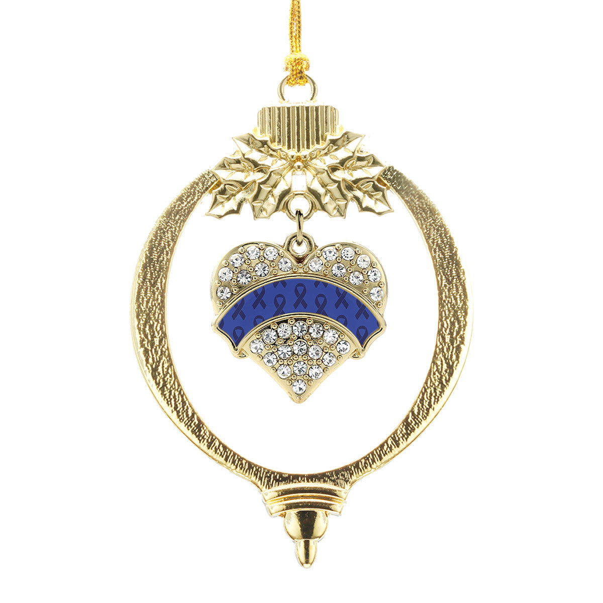 Gold Blue Ribbon Support Pave Heart Charm Holiday Ornament