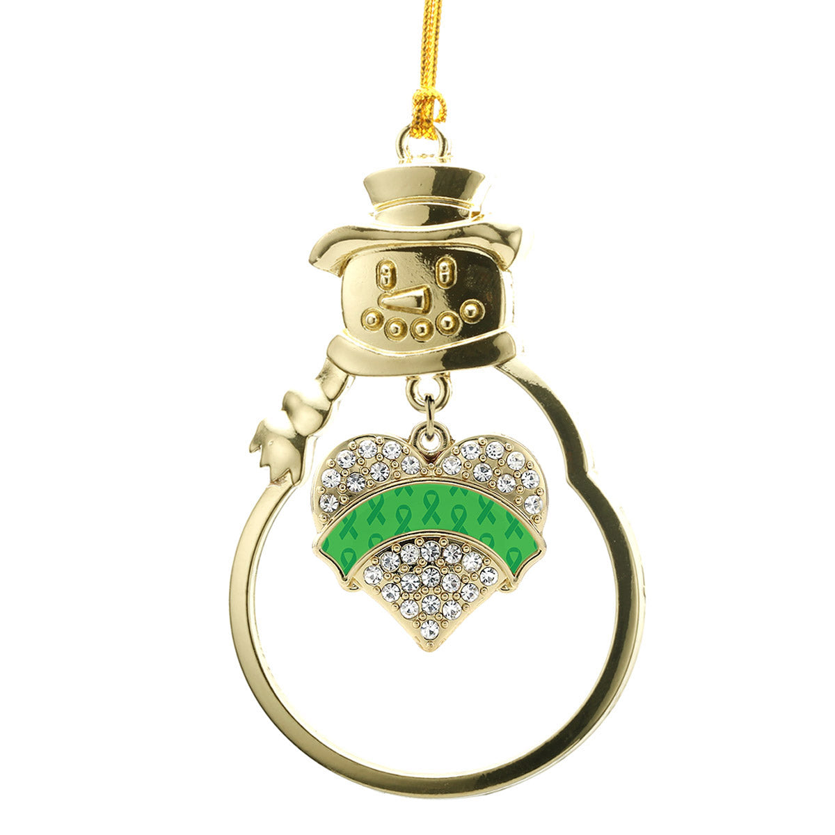 Gold Green Ribbon Support Pave Heart Charm Snowman Ornament