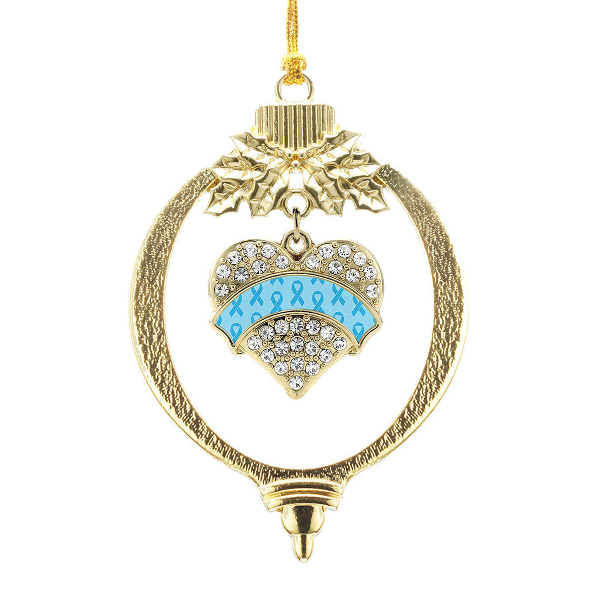 Gold Light Blue Ribbon Support Pave Heart Charm Holiday Ornament