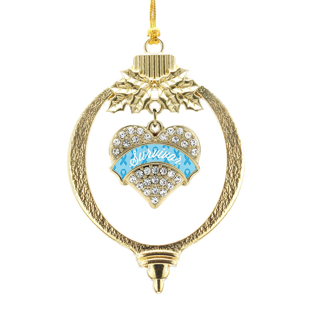 Gold Light Blue Survivor Pave Heart Charm Holiday Ornament