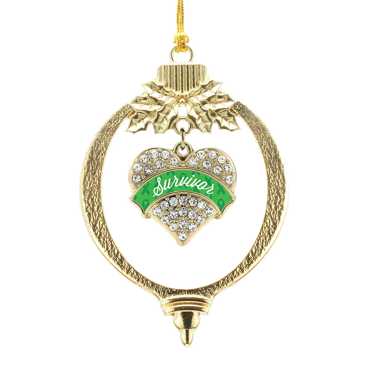 Gold Green Survivor Pave Heart Charm Holiday Ornament