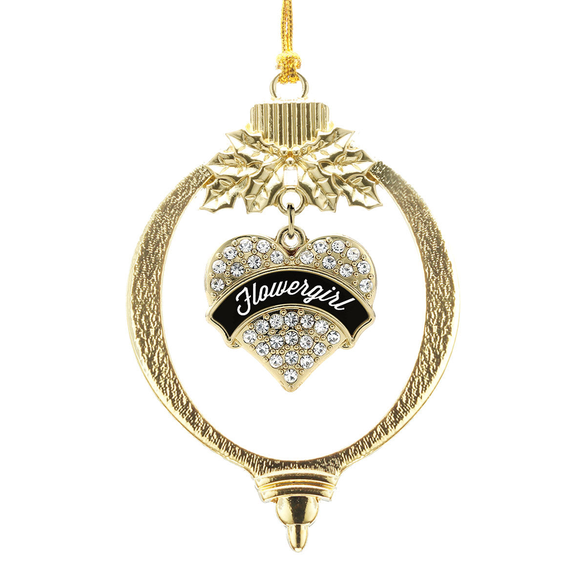 Gold Black and White Flower Girl Pave Heart Charm Holiday Ornament