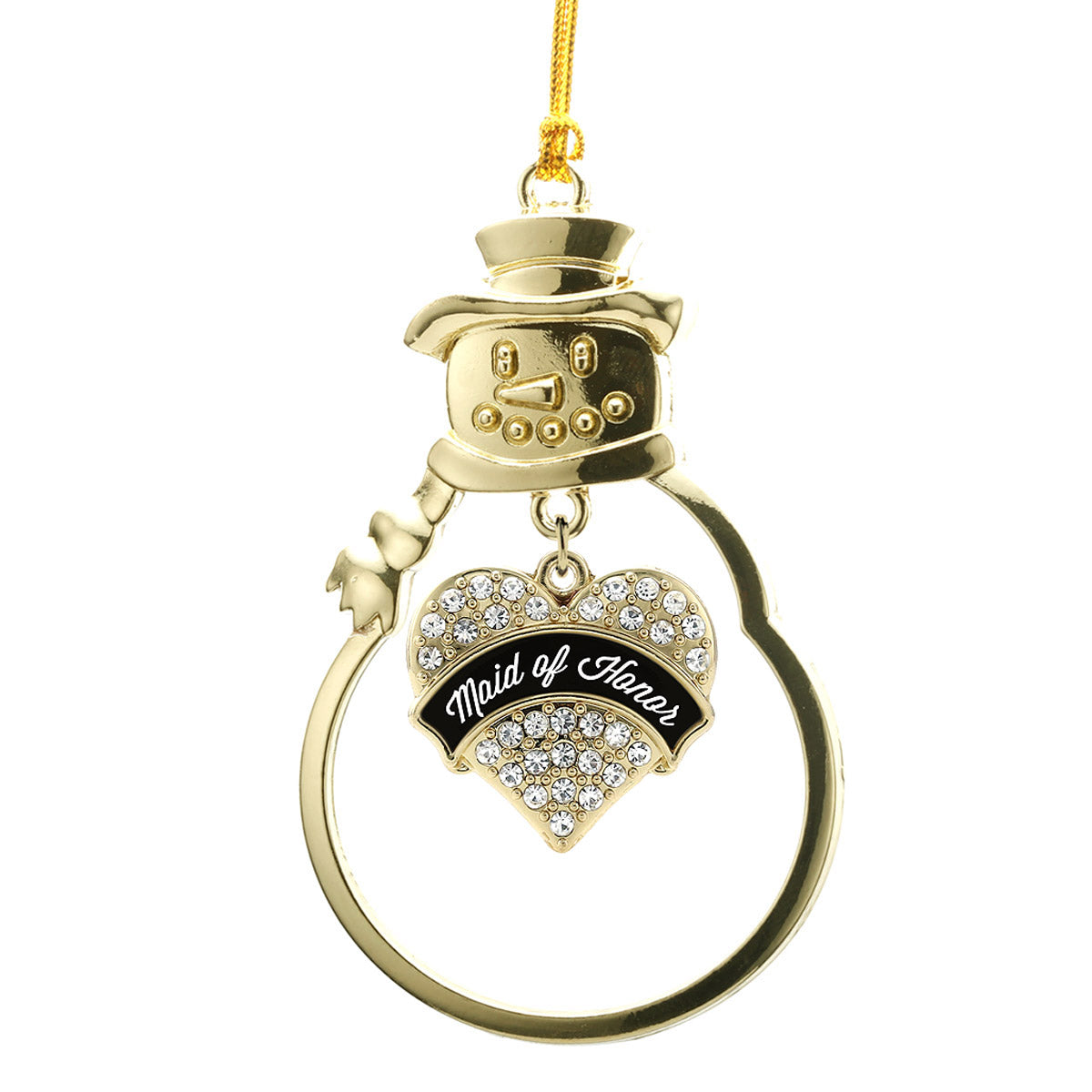 Gold Black and White Maid of Honor Pave Heart Charm Snowman Ornament