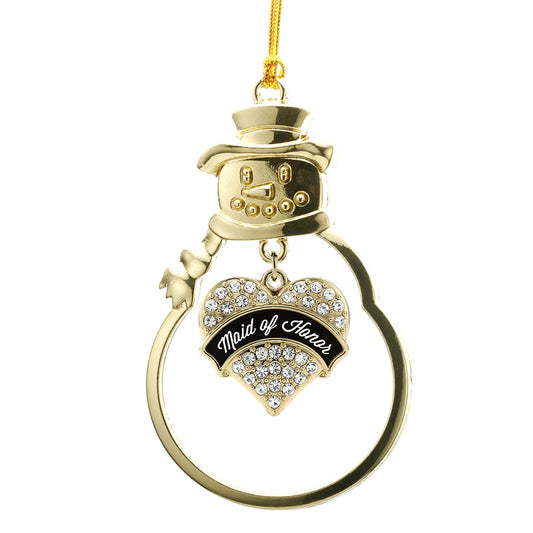 Gold Black and White Maid of Honor Pave Heart Charm Snowman Ornament