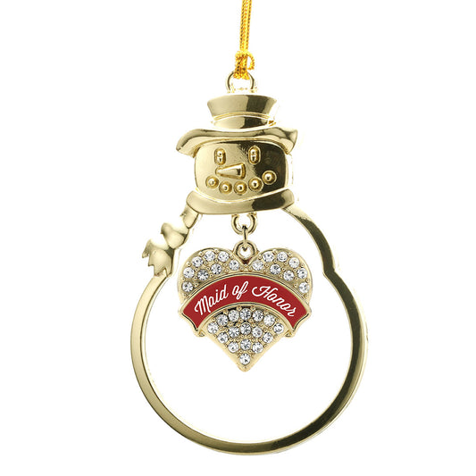 Gold Crimson Red Maid of Honor Pave Heart Charm Snowman Ornament