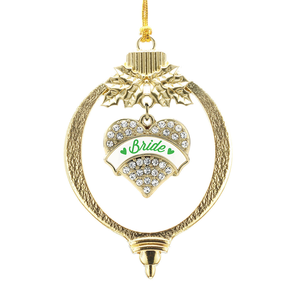 Gold Emerald Green Bride Pave Heart Charm Holiday Ornament